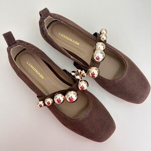 Lemonade Colleen Brown Suede Mary Jane Ballet Flats Gold Bead Strap Size 6.5
